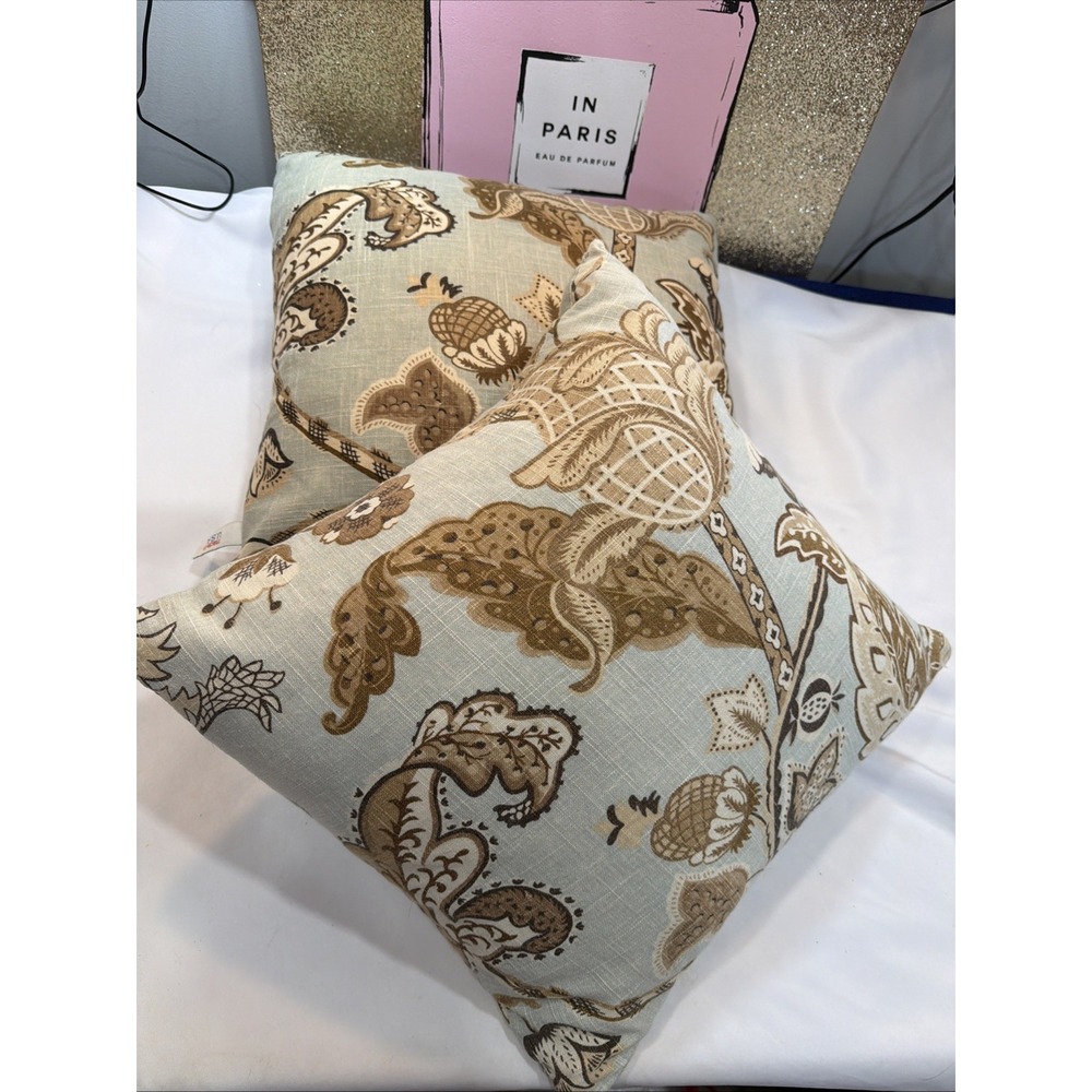 Set 2 Newport Down Blue,tan Floral Decorative Throw Pillow‎ 18x16 Made Zip Cover